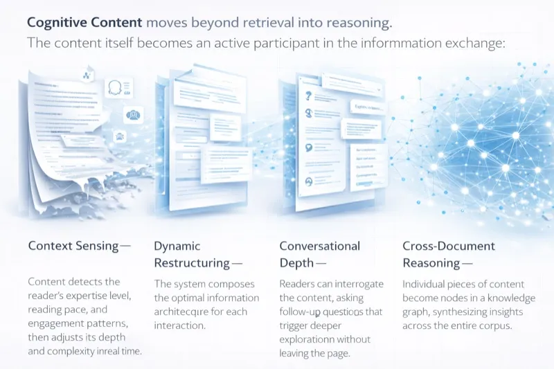 Diagram comparing retrieval-based content delivery to reasoning-based content interaction